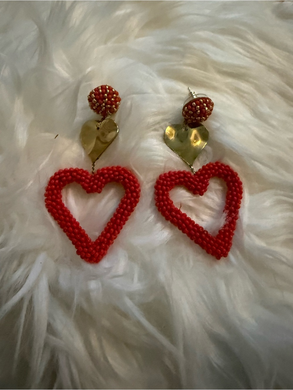 Deepa Gurnani Red Beaded Heart Drop Earrings with Gold Hearts